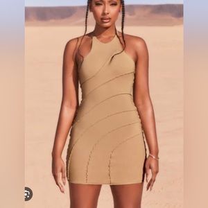 OH POLLY Seam Halter Neck Mini Dress in Beige